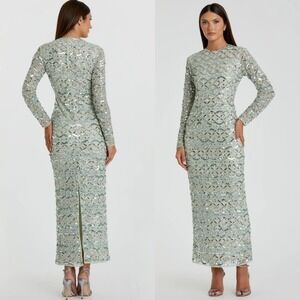 NEW Mac Duggal Green High Neck Long Sleeve Embellished Dress $698 - Size 8